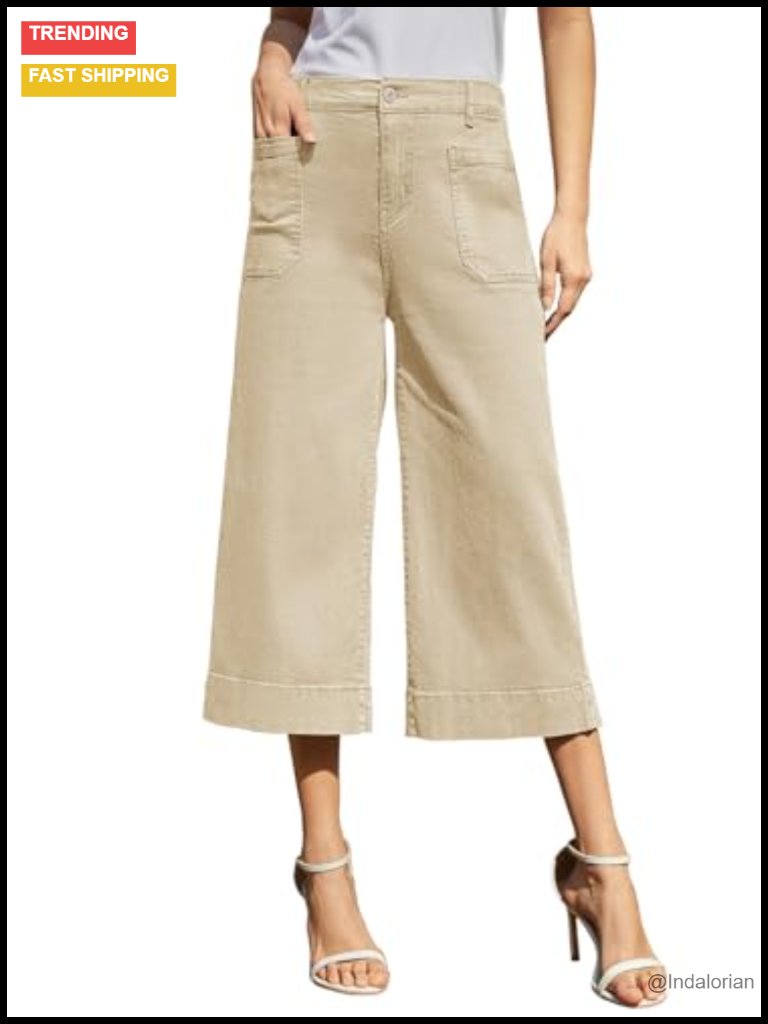 Wide Leg Capri Pants Stretchy Cropped Pants Women Chino Capris Trousers